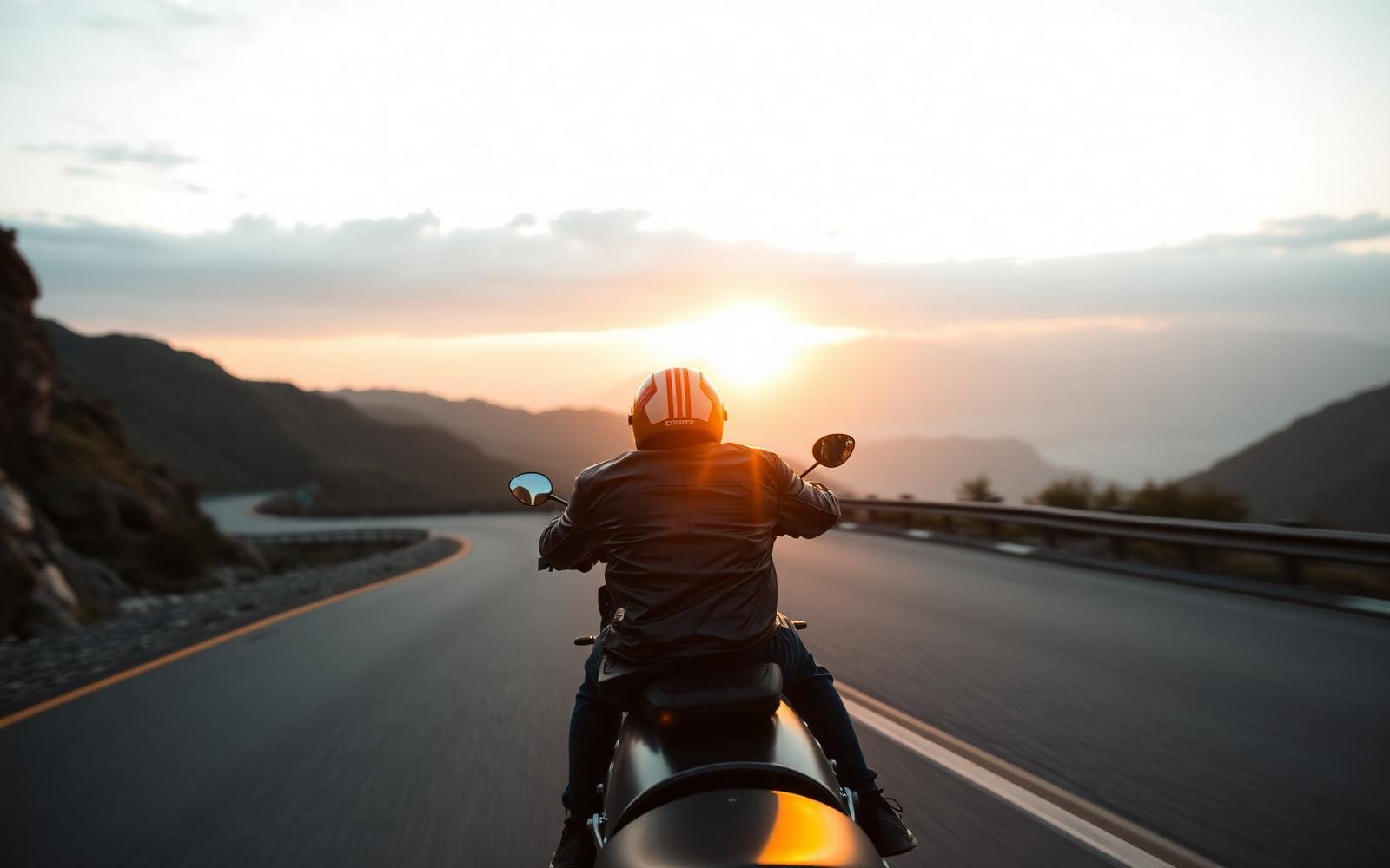 Rider chasing sunset on mountain road
